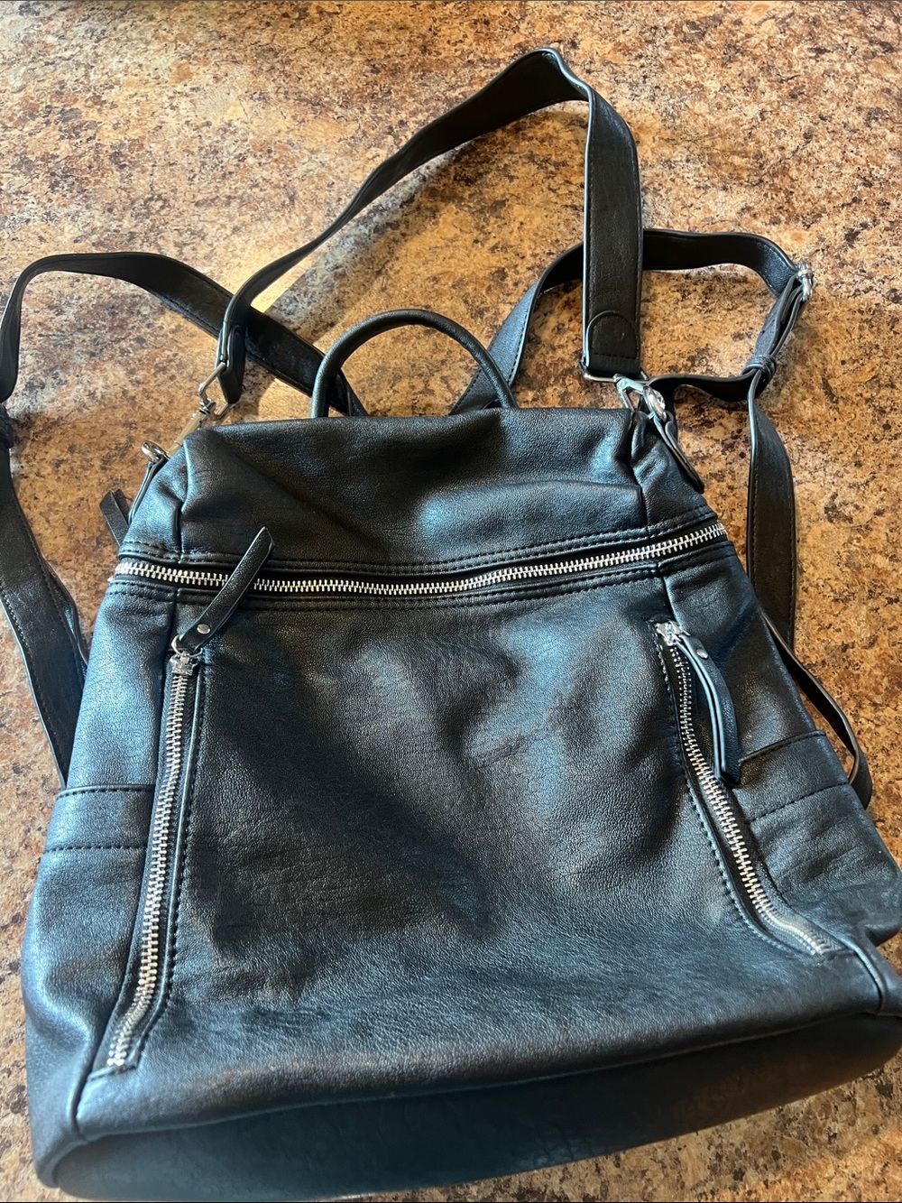 Women's Black Leather Backpack with Silver Zippers - Classic Everyday Bag